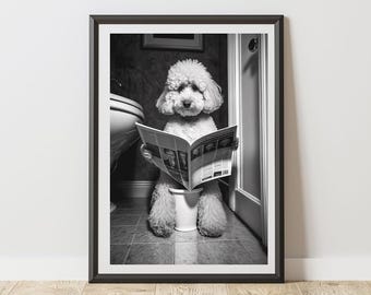 Poodle Print On Toilet Reading A Newspaper Bathroom Poster | Humorous Animal Art | Quirky Dog Wall Decor for WC Ensuite