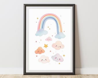 Nursery Print Rainbow Illustration Pastel Clouds Wall Art Poster, Fun Animal Sketch Decor for Nursery, Kids Bedroom, Playroom