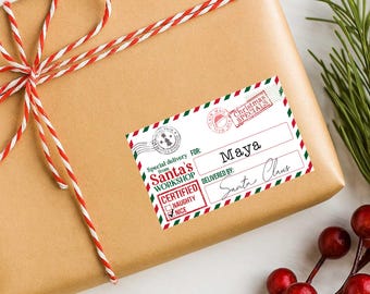 Christmas Name Labels Christmas Tags Stickers Gift Labels Santa stickers Present wrapping Personalised Stickers - Santas Workshop 8cm x 5cm