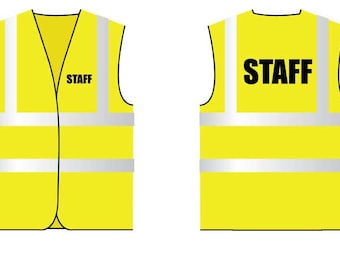 Könnte beinhalten: Gelbe Sicherheitsweste mit reflektierenden Streifen und dem Wort "STAFF" in Schwarz auf Vorder- und Rückseite.