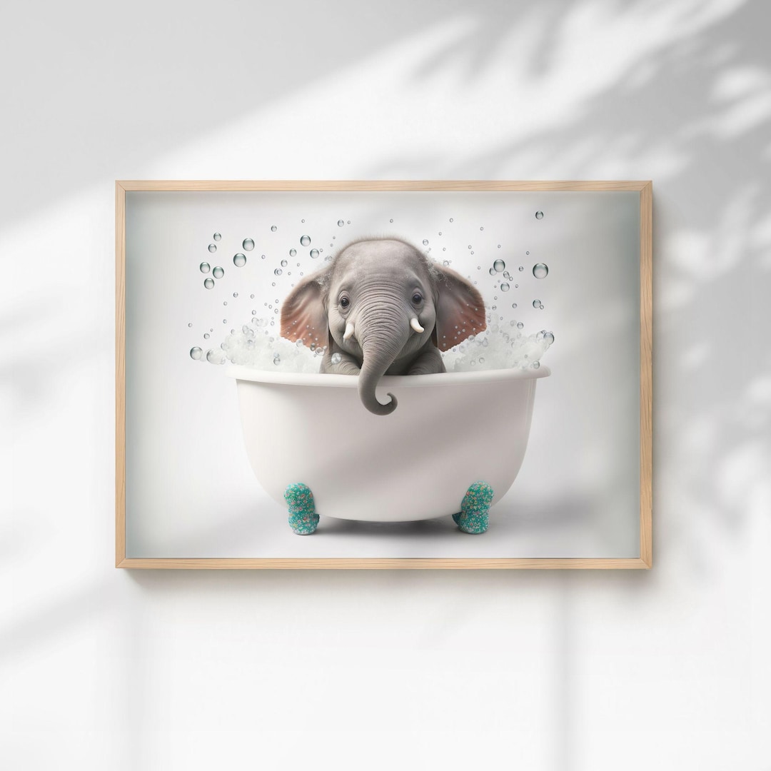 Nursery Print Baby Elephant in A Bath Poster | Quirky Animal Wall Art ...