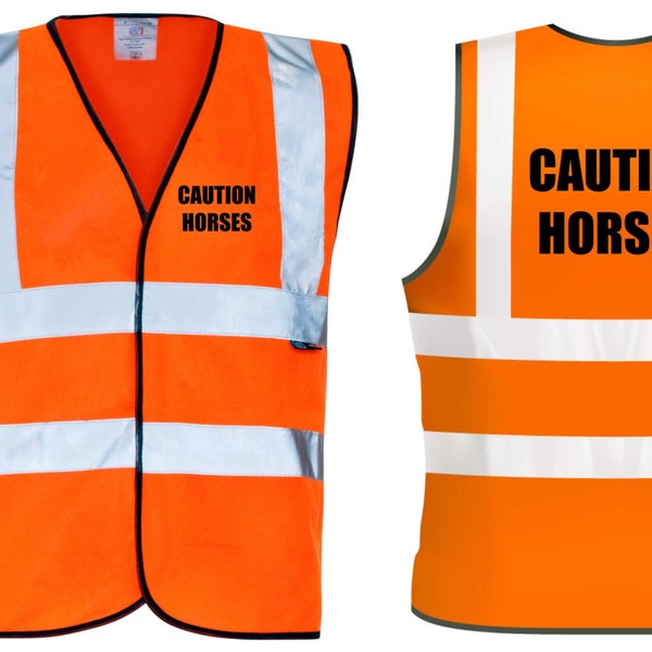 Hi Viz Vest Caution Horses Voor en Achter Veiligheidsvest Reflecterende Kleding Zwart Tekst
