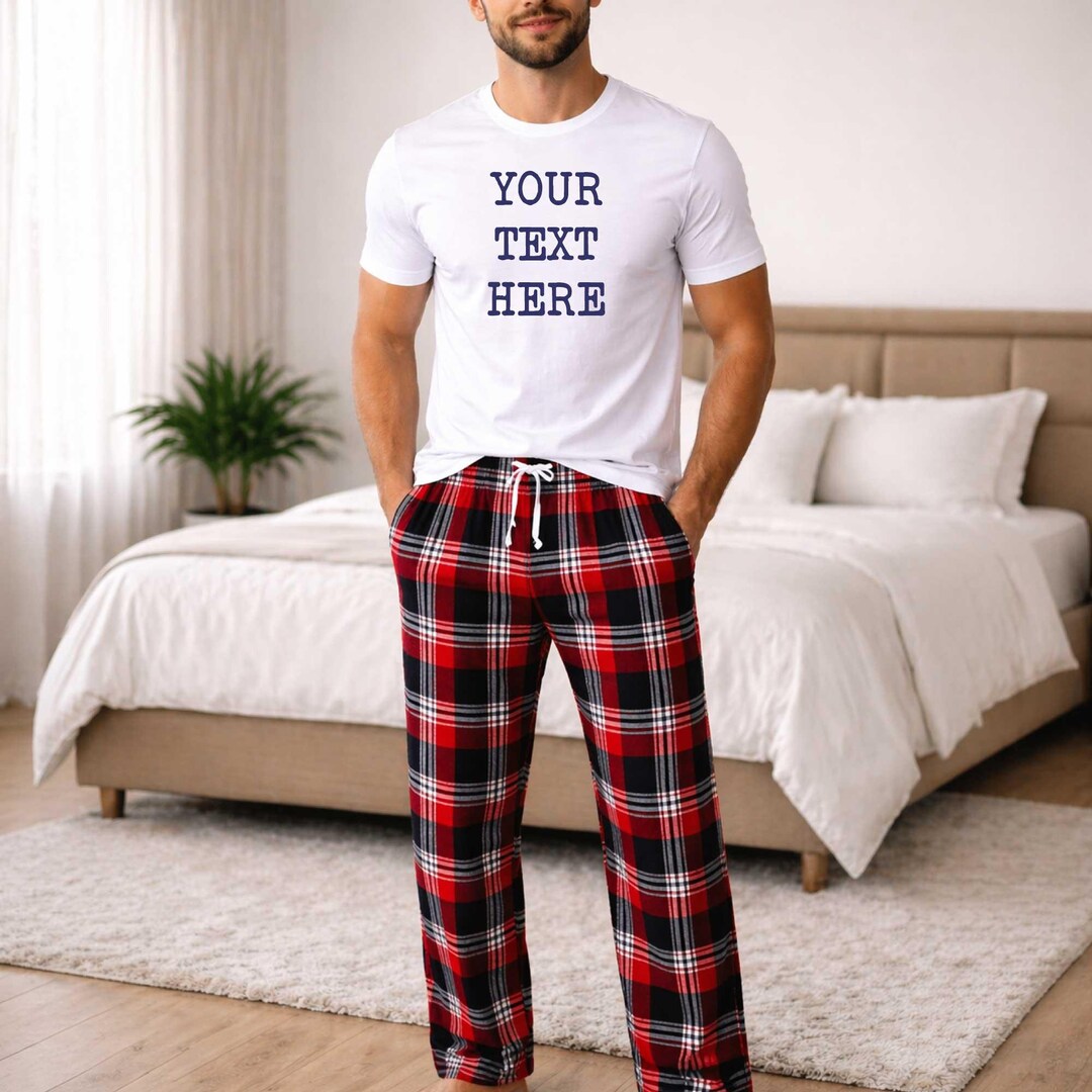 Pyjamas Fancy Text Mens Personalised Pyjamas Your Text Here .... Long Tartan Pj's - Etsy
