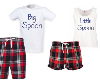 Couples Spoon Pyjamas Big Spoon Little Spoon Wedding Gift Red Tartan Pyjamas Short Set PJ's Valentines Tartan