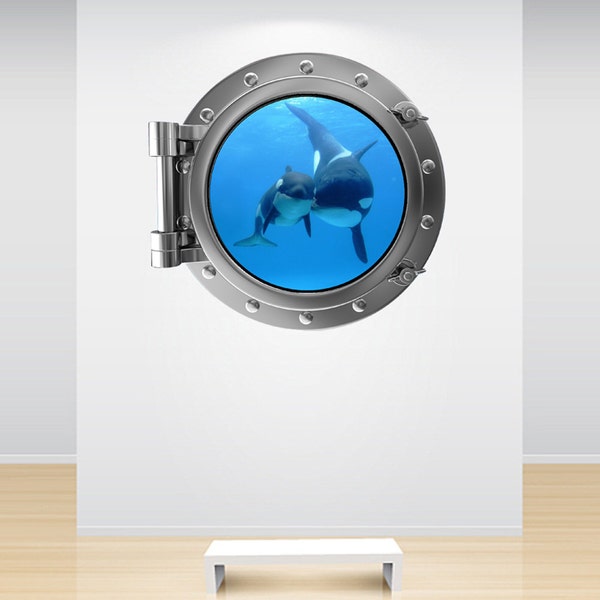 Wall Decal Porthole Orca Whale Mother and Baby Sea Silver Porthole Wall Sticker Ocean