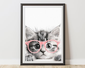 Kitten Print With Pink Glasses Quirky Animal Wall Art Poster for Home, Study Decor