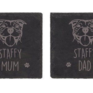 Slate Coaster Set Staffy Mum Staffy Dad Staffordshire Bull Terrier Dog Fathers Mothers Day Birthday Pet Present Engraved Gift Set