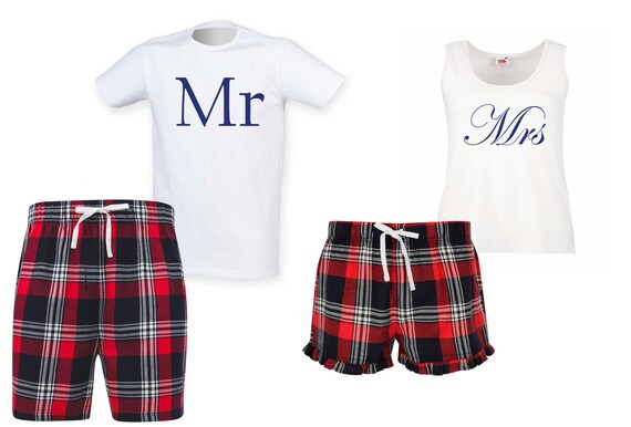 Couples Mr Mrs Pyjamas Wedding Gift Red Tartan Pyjamas Short Set Pj s Valentines Tartan Etsy