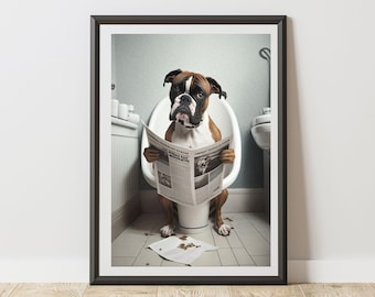 Boxer Print On Toilet Reading A Newspaper Bathroom Poster | Humorous Animal Art | Quirky Dog Wall Decor for WC Ensuite