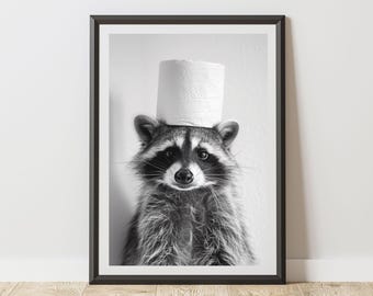 Funny Raccoon With Toilet Roll Print | Humorous Animal Art Poster Bathroom Decor | Quirky Raccoon Wall Art for Laundry Room or Mudroom