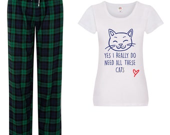 Cat PJ's Yes I Really Do Need All These Cats Pyjamas Tartan Pants Pet