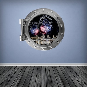 Wall Decal Firework Porthole Scene Horizon Full Colour Silver Porthole Wall Sticker Cruise Ship