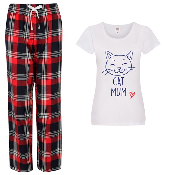 Cat Mum PJ s Pyjamas Tartan Pants Pajamas Mother Day Christmas Gift