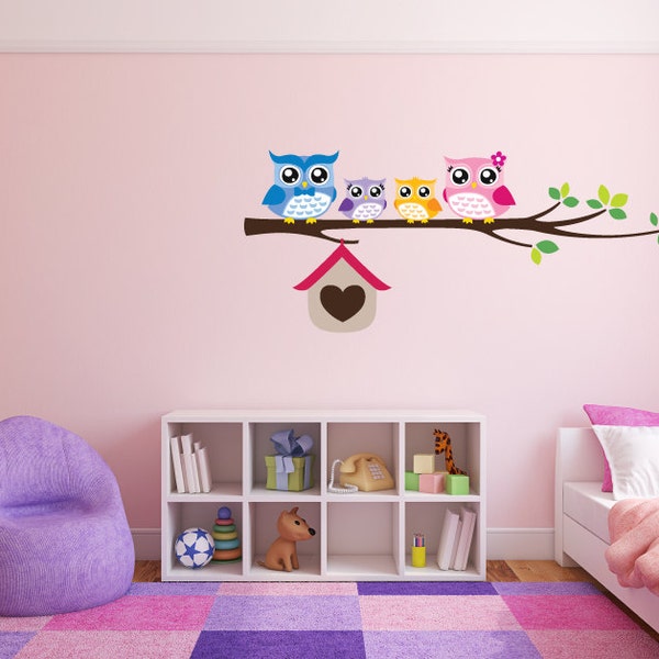 Owl Wall Decal Cute Full Colour Owls on a Branch Nursery Baby Room Wall Sticker Kids