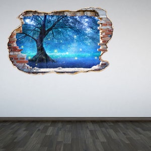 Mystical Fairy Tree Wall Decal Smashed Wall Tranquil Magical 3D Effect Sticker Mural Cracked Wall Graphic