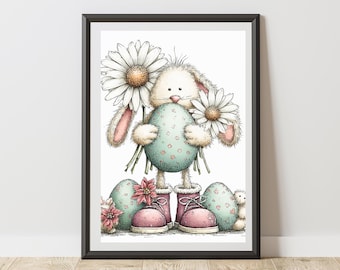 Easter Bunny Print Illustration Quirky Wall Art Poster, Rabbit Sketch Decor for Nursery, Kids Bedroom, Playroom