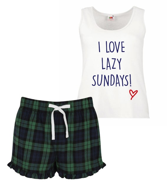 Sunday Pyjamas I Love Lazy Sundays! Tartan Frill Shorts Pj's
