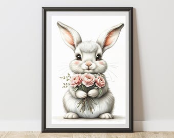 Rabbit Print Illustration With Bunch Of Flowers Wall Art Poster, Bunny Sketch Decor for Nursery, Kids Bedroom, Playroom