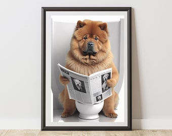 Chow Chow Print On Toilet Reading A Newspaper Bathroom Poster | Humorous Animal Art | Quirky Dog Wall Decor for WC Ensuite