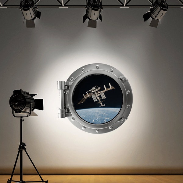 Full Colour Wall Decal Space Station Satelitte Porthole Wall Sticker Space Stars Kids Bedroom Astrology