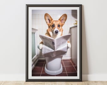 Corgi Print On Toilet Reading A Newspaper Bathroom Poster | Humorous Animal Art | Quirky Dog Wall Decor for WC Ensuite