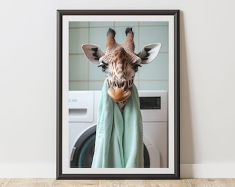 Giraffe Print Mint Green Towels Laundry Room Humorous Poster Decor | Quirky Animal Humor Wall Art