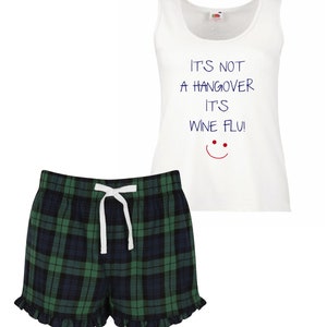 Wine Pyjamas It&#39;s Not A Hangover It&#39;s Wine Flu Tartan Frill Shorts PJ&#39;s