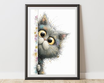 Kitten Print Illustration Peeking With Flowers Wall Art Poster, Fun Cat Sketch Decor for Nursery, Kids Bedroom, Playroom, Home