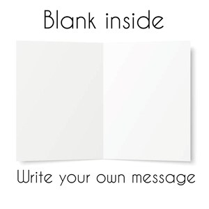Puede incluir: Tarjeta blanca en blanco con el texto "Blank inside" en la parte superior y "Write your own message" en la parte inferior.