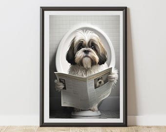 Shih Tzu Print On Toilet Reading A Newspaper Bathroom Poster | Humorous Animal Art | Quirky Dog Wall Decor for WC Ensuite