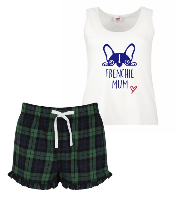 Frenchie Mum PJ s Pyjamas Tartan Frill Shorts French Bulldog