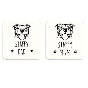 Coaster Set Staffy Mum And Staffy Dad,  Mother Fathers Day Birthday Wedding Christmas Present Cork Back Set