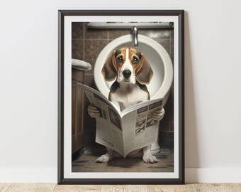 Beagle Print On Toilet Reading A Newspaper Bathroom Poster | Humorous Animal Art | Quirky Dog Wall Decor for WC Ensuite