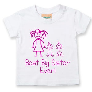 Twins Best Big Sister Ever T Shirt Pink White Tshirt Kids Sibling Text Children New Born Gift Present