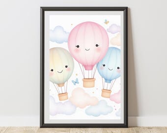 Hot Air Balloon Print Illustration Pastel Wall Art Poster, Fun Sketch Decor for Nursery, Kids Bedroom, Playroom