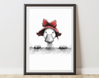 Animal Print Illustration Goose Peeking Wall Art Poster, Fun Sketch Decor for Nursery, Kids Bedroom, Playroom, Home