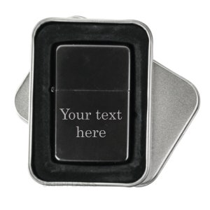 Personalised Lighter Black Your Text Here Engraved Flip Lighter In Tin Gift Box