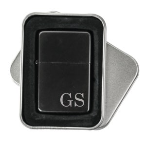Personalised Lighter Black Initial Engraved Flip Lighter In Tin Gift Box