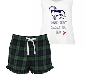 Ladies Sausage Dog Pyjamas Beware Crazy Sausage Dog Lady Short Frill Tartan PJ's Navy Text