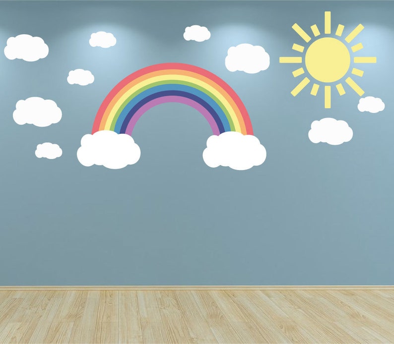 wall decal sun clouds and rainbow pastel colours kids bedroom | etsy