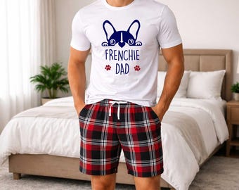Franse bulldog cadeau pyjama met tartan pyjama Frenchie Dad korte pyjama heren pyjamaset