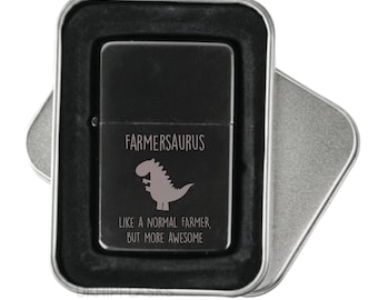 Farmer Lighter Black Farmersaurus Engraved Flip Lighter In Tin Gift Box