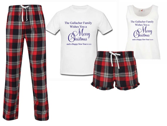 Couples Merry Christmas Pyjamas Personalised Family Red Tartan