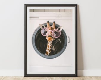Giraffe Print In A Tumble Dryer For Laundry Room Humorous Animal Art Poster