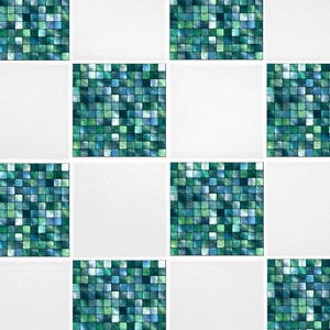 Green Blue Mosaic Tile Transfers 4" x 4" Printed Waterproof Vinyl Tile Stickers Pack of 10