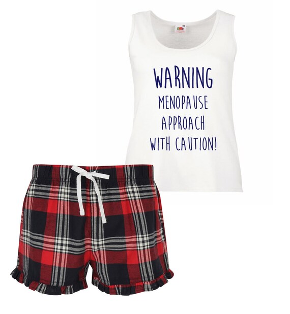 Menopause PJ s Pyjamas Warning Menopause Approach With Caution Tartan Frill Shorts