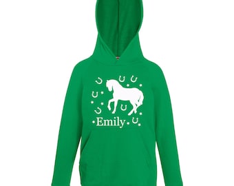 Personalized Horse Hoodie Personalised Name Green From Age 1 to 13 Years Hoody Horseshoe
