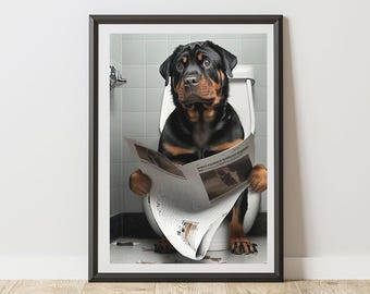 Rottweiler Print On Toilet Reading A Newspaper Bathroom Poster | Humorous Animal Art | Quirky Rottie Dog Wall Decor for WC Ensuite