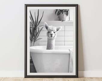 Alpaca Print Llama In A Bath Poster | Humorous Animal Art Bathroom | Quirky Wall Decor