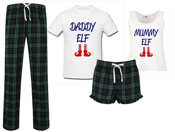 Couples Christmas Pyjamas Mummy Elf Daddy Elf Christmas Green Tartan Pyjamas Set PJ s